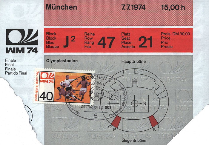 Eintrittskarte WM1974  | Endspiel Deutschland - Holland am 7.7.1974 in München. Fußball-Weltmeisterschaft 1974, 15x10cm. Mit Sondermarke der WM und Sonderstempel