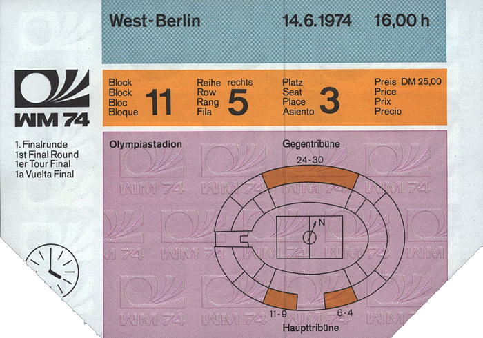  - Ticket: FIFA World Cup 1974. Germany vs Chile in Berlin on 14th June 1974. Size 15x10.5 cm. Condition: A-