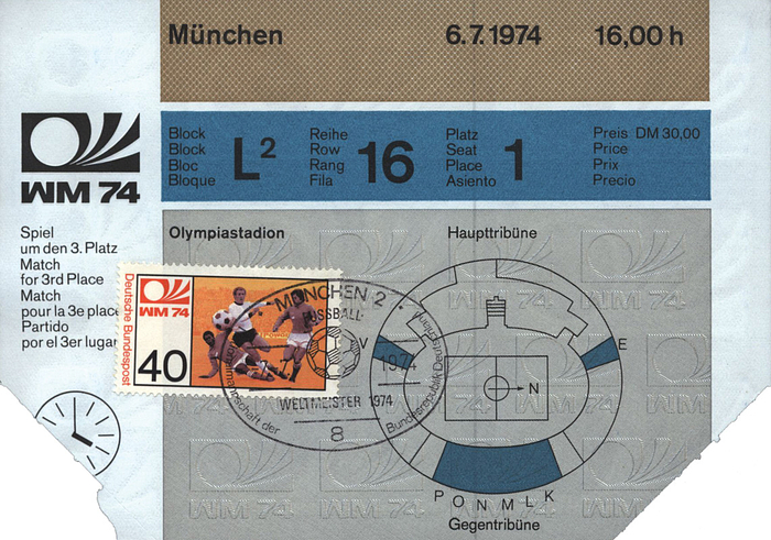  - World Cup 1974. Ticket 3rd place match Brasil v Poland in Munich Olympia Stadium, 6th July. Size 15 x 10 cm. With World Cup commemorative stamp and special postmark Condition: A-