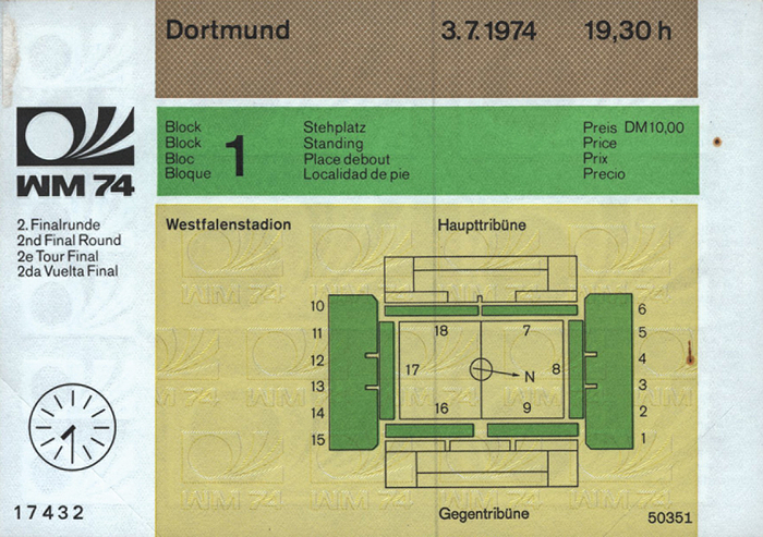  - World Cup 1974 Germany. Ticket for the game Holland vs Brasil 3.7.1974. 15x10 cm. Complete ticket with small stains Condition: B+