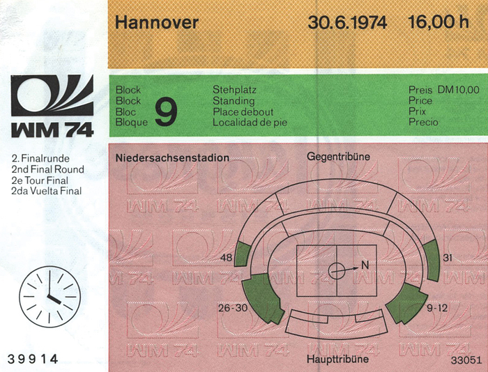 Eintrittskarte WM1974  | 2. Finalrunde am 30. Juni 1974 im Niedersachsenstadion Hannover. Brasilien - Argentinien (2:1). 15x10,5 cm. Komplettes Ticket