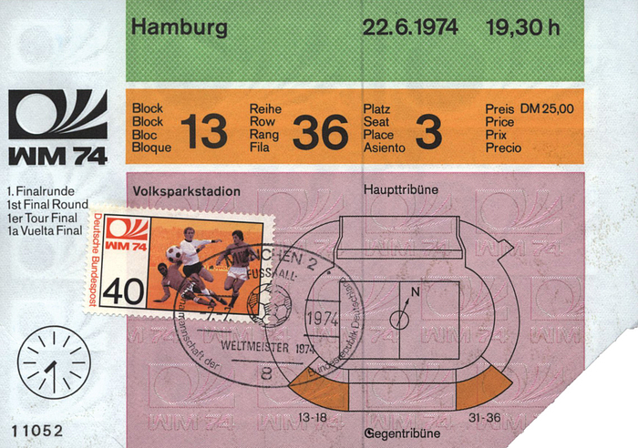 Ticket: FIFA World Cup 1974.  Germany vs GDR - Ticket: FIFA World Cup 1974.  Germany vs GDR Hamburg 22nd june 1974 Hamburg, 15x10.5 cm With special stamp and special postmark Condition: A-