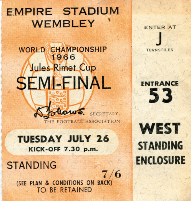 Eintrittskarte WM1966  | Semi Final: England - Portugal (2:1) am 26.7.1966 im Empire Stadium, Wembley. 8x9 cm.