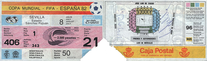  - Ticket:World Cup 1982 Semi-Final Germany v France 8th July in Sevilla. Size 15x9 cm. In the "Thriller of Seville", as this semi-final is also called, for the first time in football history a World Cup match was decided by a penalty shoot-out. ---Two autographs by players on the back. Condition: A-