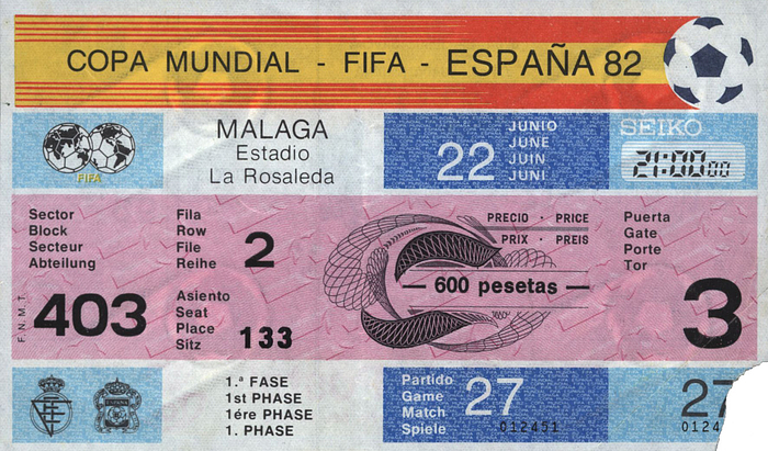 Eintrittskarte WM1982  | Eintrittskarte Copa Mundial - FIFA - Espana 82. Schottland v UdSSR (2:2). 22.6.1982 in Malaga. 15x10 cm.