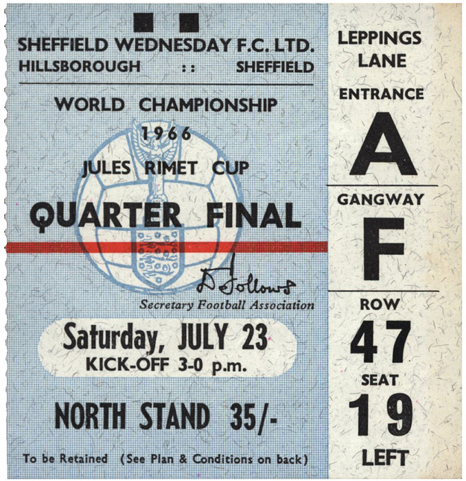 Eintrittskarte WM1966  | Viertelfinale: Deutschland - Uruguay (4:0) am 23.7.1966 im Hillsborough, Sheffield W. 8x9cm.