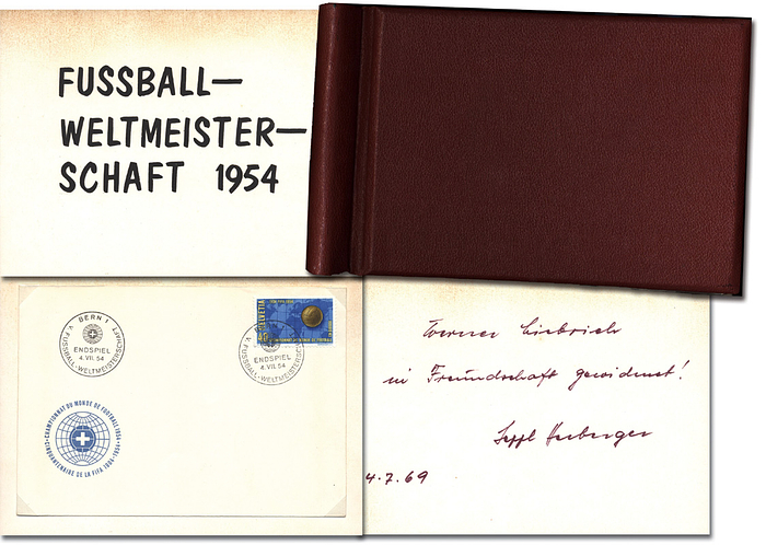 Sorry, no english description is available. ... World Cup 1954 Album from Herberger to Player -  -- (Dieses Objekt wird mit Echtheitszertifikat ausgeliefert - COA  --. Condition: A-.....Das Stück kommt direkt aus der Sammlung von Werner Liebrich (1927-1995). Fußball - Weltmeister 1954. 16 DFB A-Länderspiele. 1.FC Kaiserslautern 365 Spiele, 2x Deutscher Fußball - Meister 1951 + 1953.