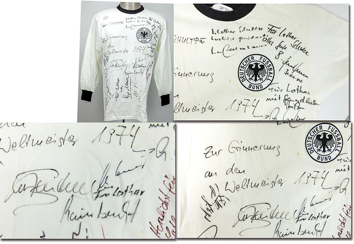  - Replica Germany 1974 World Cup Jersey, featuring 11 original signatures from the 1974 DFB World Champions: Beckenbauer, Vogts, Cullmann, Netzer, Heynckes, Wimmer, Maier, Bonhof, Breitner, Schwarzenbeck, and Overath. --Cotton, featuring a sewn-on, embroidered DFB logo. Size M. All signatures were personally collected by the consignor. Numerous dedications from the players appear on the jersey. Clean and clear signatures. A beautiful display piece! Condition: A