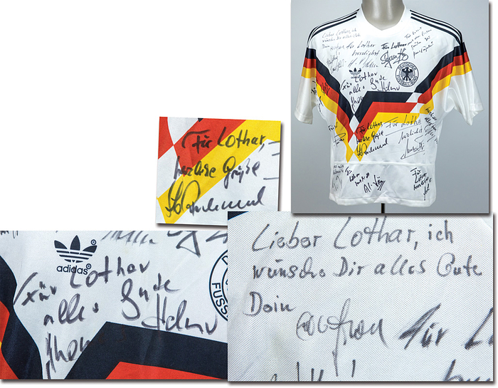  - World Cup 1990: Adidas Germany 1990 fan jersey. With 14 original signatures of the 1990 German World Cup champions: Bein, Brehme, Völler, Augenthaler, Reuter, Möller, Helmer, Häßler, Kohler, Kuntz, Riedle, Buchwald, Littbarski, Thon --Size 7/8 (fits like a "Small"). All signatures were obtained in person by the consignor. Features numerous player dedications. Condition: A-