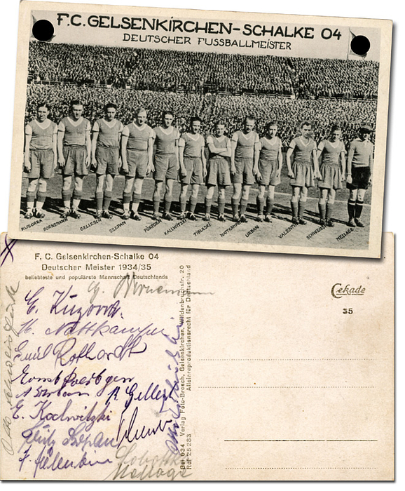 Schalke 04 - Postkarte 34  | S/W-Postkarte „FC Gelsenkirchen - Schalke 04 beliebteste und populärste Mannschaft Deutschlands“ mit Portraits und Namen der Spieler ca. 1934. Mit 14 Originalunterschriften der kompletten Meister Mannschaft von 1934 mit allen auf der Karte abgebildeten Spieler: Valentin, Emil Rothhardt, Kuzorra, Nattkämper, Szepan, Tibulski, Schweisfurth, Bornemann, Pörtgen, Adolf Urban, August Sobottka, Mellage. 14x9 cm.