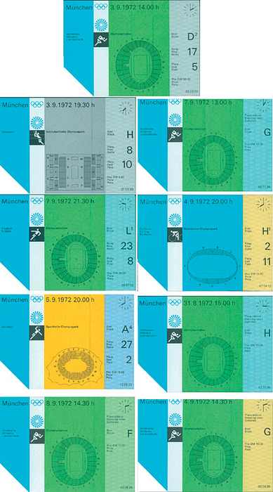  - 9 different admission tickets for the 1972 Munich Olympic Games (volleyball, cycling, 5x athletics, handball, football). Each measures 15 x 10.5 cm. Condition: A-C