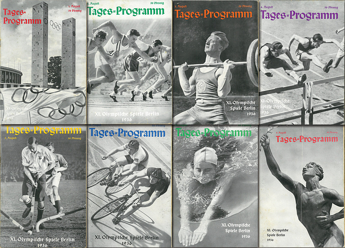 Programm OSS1936  | 8 verschiedene Tages-Programmhefte von den Olympischen Spielen 1936 in Berlin vom 1.August - 9.August. (1.8. (Eröffnungsfeier), 2.8.; 3.8., 4.8., 5.8.; 6.8.; 8.8.; 9.8.)