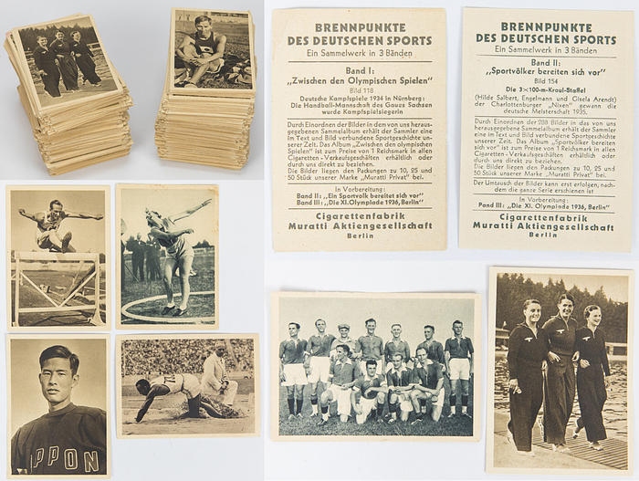Sammelbilder-Muratti 1-3, Richter,Walter | 700 Sammelbilder von Muratti aus der Serie A) Brennpunkte des deutschen Sports. Band 1: Zwischen den Olympischen Spielen. B) Band 2: Sportvölker bereiten sich vor. C) Band 3: Die XI.Olympiade 1936 Berlin. Je 8,5x6 cm