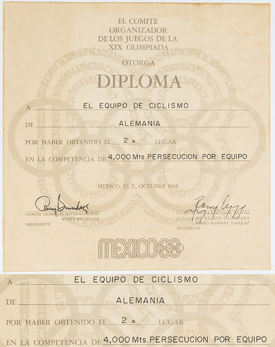 Olympiadiplom OSS1968  | Siegerurkunde der Olympischen Sommerspiele Mexiko 1968 für die Silbermedaille im Radsport 4000 m Mannschaftsverfolgung für Deutschland „El Comite Organizador de Los Juegos de la XIX Olyimpiada Diploma El Equipo de Ciclisom Alemania  2. Lugar …4000 Mts Persecucion por Equipo“. 31x30.5 cm.