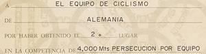 Olympiadiplom OSS1968  | Siegerurkunde der Olympischen Sommerspiele Mexiko 1968 für die Silbermedaille im Radsport 4000 m Mannschaftsverfolgung für Deutschland „El Comite Organizador de Los Juegos de la XIX Olyimpiada Diploma El Equipo de Ciclisom Alemania  2. Lugar …4000 Mts Persecucion por Equipo“. 31x30.5 cm. - Bild 2