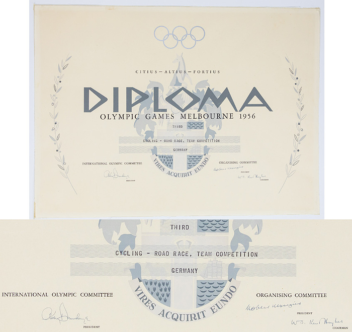 - Winner’s diploma: “Diploma. Olympic Games Melbourne 1956. Third – Cycling, Road Race, Team Competition – GERMANY.” For Germany’s bronze medal in the cycling road race team event. 58.5 x 44.5 cm. Condition: A-