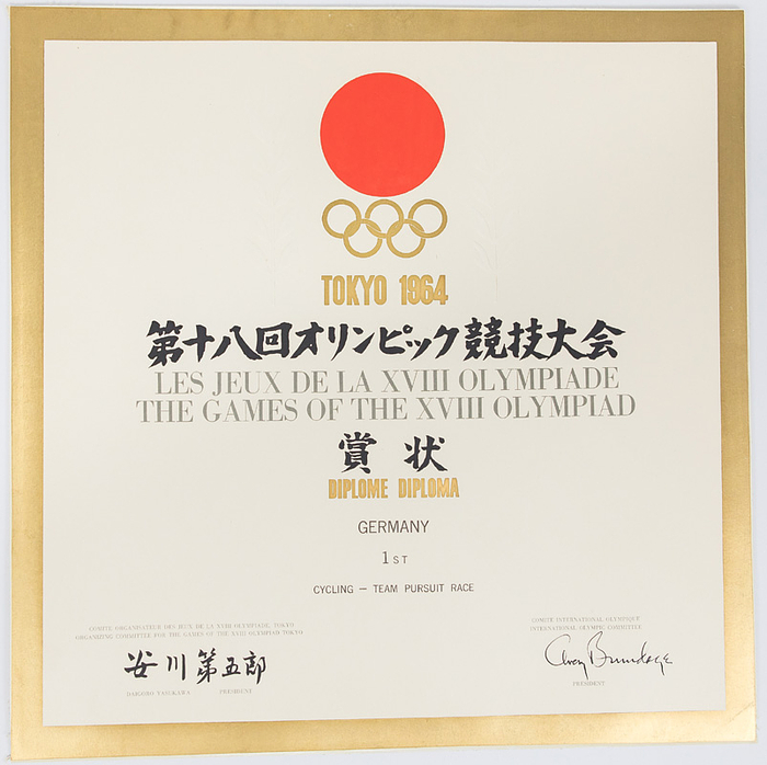  - Winner’s diploma for the Olympic Games “Tokyo 1964. The Games of the XVIII Olympiad. Diploma. 1st Germany Team Pursuit Race” (4000 m team pursuit). Includes the original signature of Avery Brundage (IOC President). 38.7 x 38.7 cm. --Original winner's certificate for the gold medal in cycling at the 1964 Tokyo Olympic Games—slight signs of wear. Condition: A-