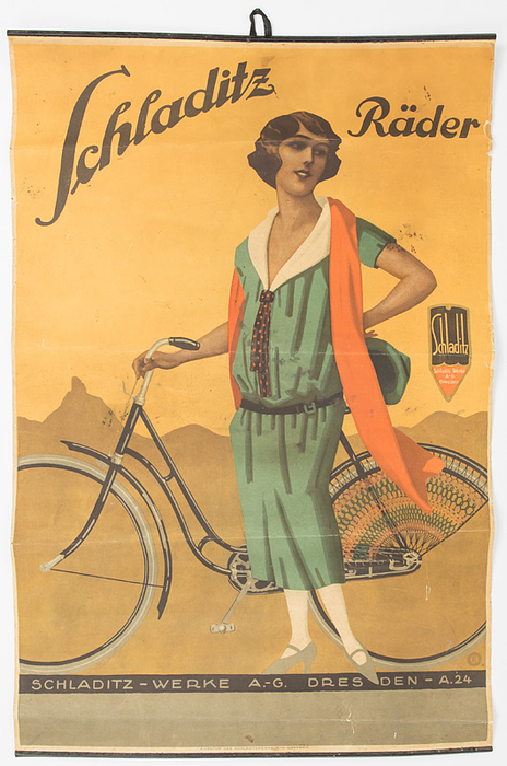 Plakat - Schladitz Räder  | Original Werbeplakat "Schladitz Räder - Schladitz-Werke AG Dresden". Farblithografie mit original Blechleisten oben und unten am Plakat, ca. 1925, 63x43 cm