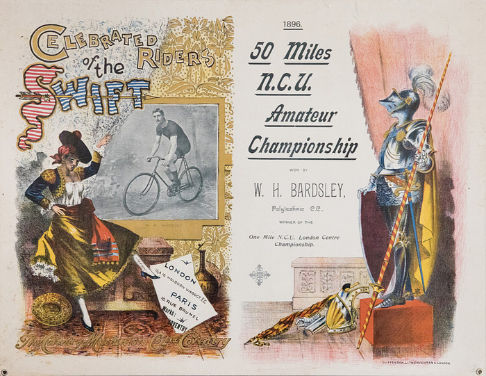 Plakat - 50 Miles NCU 1896  | Offizielles Werbeplakat "Celebrated Riders of the Swift. London - Paris. 1896. 50 Miles N.C.U. Amateur Championship won by W.H.Bardsley". Farblithografie und Offesetdruck (Mischtechnik). Gedruckt von "Liffe&Son. Coventry  London", 1896,  56x44 cm