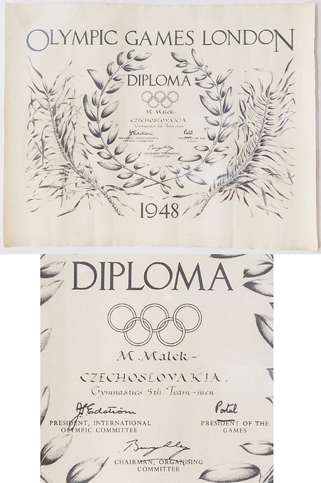 Olympiadiplom OSS1948  | Siegerdiplom für den fünften Platz im Manschaftswettbewerb im Turnen der Männern für die Tchechoslowakai für M.Malek bei den Olympischen Sommerspielen London 1948. . Mit original Signatur vom Präsidenten des IOC, Edström. 57x44 cm.