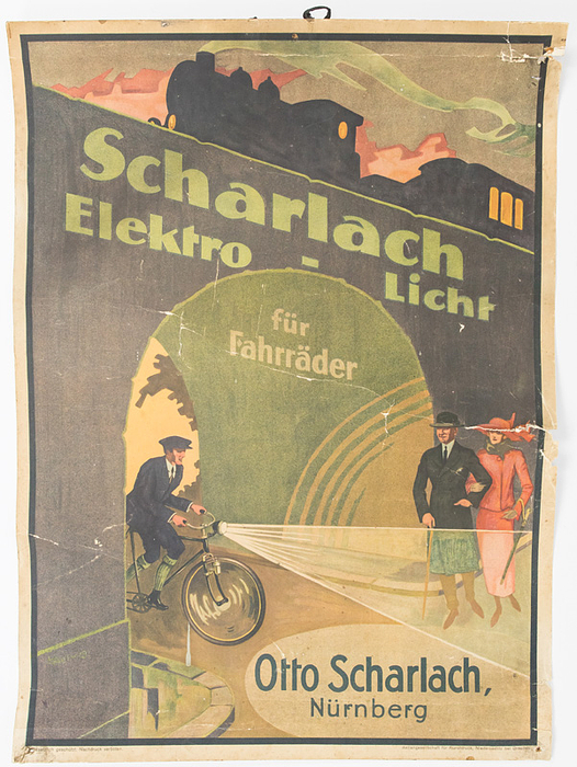  - Advertising poster "Scharlach Elektro – Lights for Bicycles. Otto Scharlach, Nuremberg." Color lithograph, c. 1925; 51 x 38 cm --Original poster. – Soiled and with tears. Condition: C