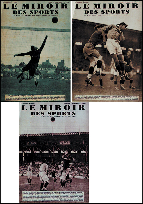  - Three editions of Le Miroir des Sports No.1006-1008. 8th June 1938-21st June 1938. Extensive  reports about the Football World Cup 1938 in France. 20 pages with report of WC 1938 and 52 black & white photos and extensive reports of all matches. Large photos. One of the most extensive original documentations of the World Cup in 1938. Condition: C