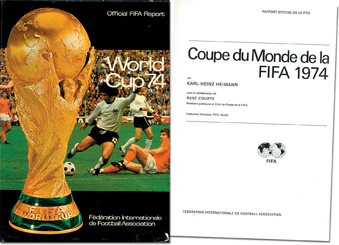  - Official FIFA Report of the World Cup 1974. (FRENCH) Coupe du Monde de la FIFA 1974. Rapport officiel de la FIFA". 250 pages, 22x31 cm, hardcover, ca. 100 coulored pictures, FIFA, Zurich 1976. with jacket (slightly torn). Condition: B