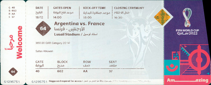 Eintrittskarte WM2022  | Fußball - Weltmeisterschaft 2022 Final Spiel 64 Argentina v France (3:3; 4:2 i.E.) 18.12.2022, Lusail Stadium . 20,4x8,2. ORIGINAL TICKET!.