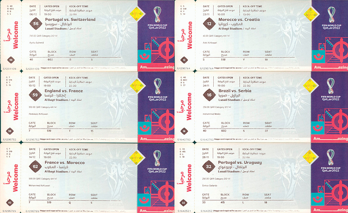  - 6 admission tickets from the 2022 FIFA World Cup: Matches 12, 16, 32, 56, 59, and 62. Each measures 20.4 x 8.2 cm. ORIGINAL TICKETS! Please note: There are printed "souvenir" or "memorabilia" tickets offered by FIFA for ticket holders with a digital ticket. These documents were issued subsequently. They look deceptively similar to the original World Cup tickets and are also offered on Ebay as "original" tickets. Condition: A