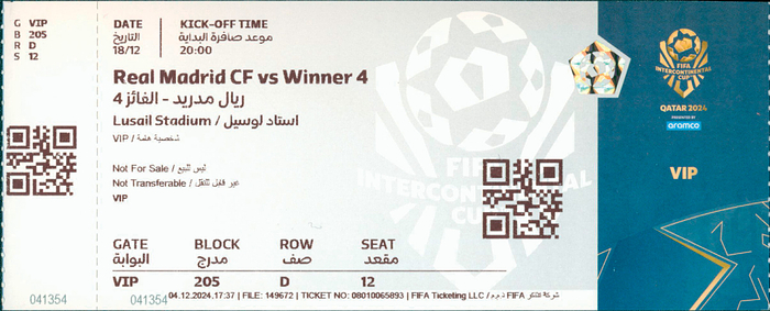 Eintrittskarte WP2024  | Real Madrid v CF Pachuca (3:0). Endspiel um den FIFA Club World Cup 2024 am 18.12.2015 in Quatar Original Eintrittskarte, 21x9,5 cm.