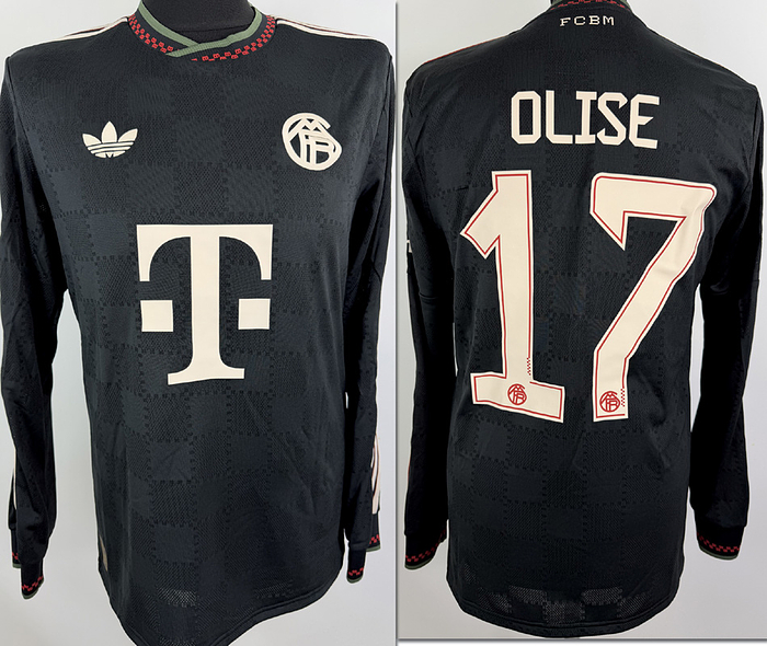  - Original match-worn FC Bayern player shirt, number 17 (Michael Olise). Worn in a Champions League match during the 2025/2026 season. Status:ABB. Long-sleeved shirt; size M; club crest and Adidas manufacturer logo applied (heat-pressed); sponsor ("T..."), club name, player number, and player name applied (heat-pressed); back number 25 cm high; Champions League patch and Allianz patch applied (heat-pressed); 100% polyester; made in Cambodia. --The jersey comes from a Bayern Munich staff member. Condition: A