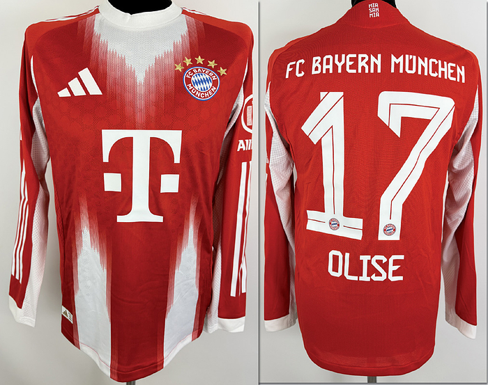 match worn football shirt FC Bayern 2025 - Original match-worn FC Bayern player shirt, number 17 (Michael Olise). Worn in a Bundesliga match during the 2025/2026 season. Status:ABB. Long-sleeve shirt; size M; club crest and Adidas manufacturer logo applied; sponsor ("T..."), club name, player number, and player name applied (rubberized); back number 25 cm high; Bundesliga patch and Allianz patch applied (rubberized); 100% polyester; made in Thailand. The jersey comes from a Bayern Munich staff member. Condition: A