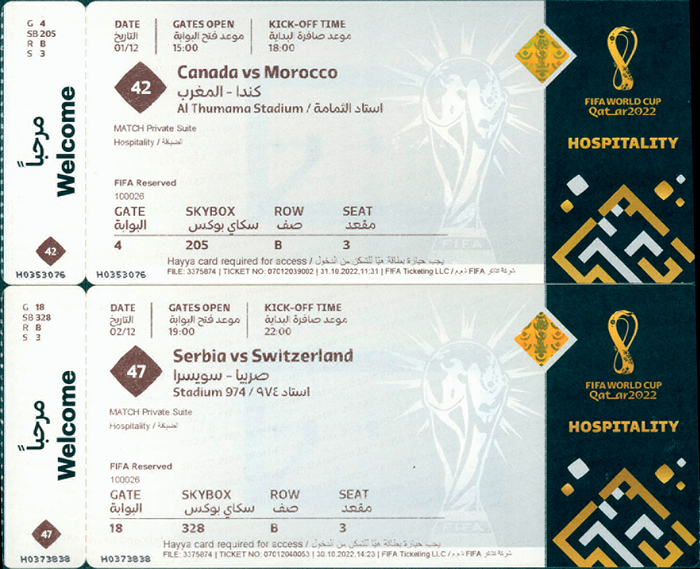  - 2 Hospitality Tickets for the 2022 FIFA World Cup: 1) Match 47, Serbia vs. Switzerland, Dec 2, 2022; 2) Match 42, Canada vs. Morocco, Dec 1, 2022. Each measures 20.4 x 8.2 cm. ORIGINAL TICKETS!ATTENTION: There are printed "souvenir" or "memorabilia" tickets offered by FIFA for ticket holders with a digital ticket. These are subsequently issued receipts that look deceptively similar to the original World Cup tickets and are also offered on Ebay as "original" tickets. Condition: A-
