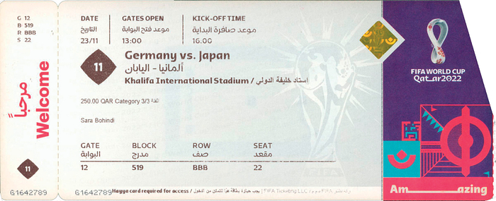 Eintrittskarte WM2022  | Fußball - Weltmeisterschaft 2022 Spiel 11 Germany v Japan (1:2) 23.11.2022 . 20,4x8,2. ORIGINAL TICKET!.