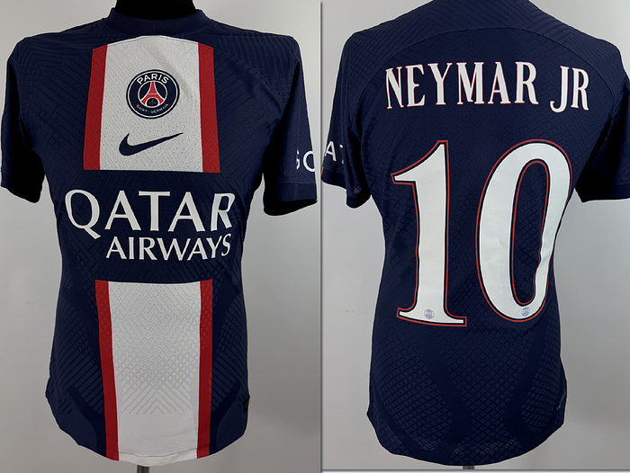  - Original match-worn / issued Paris Saint-Germain player shirt, featuring the number 10 and the name Neymar. Worn during a Champions League match in the 2022–2023 season. Condition: ABC --Short-sleeved jersey; size M; club crest and manufacturer's logo applied as rubberized prints; sponsor, player name, and number also applied as rubberized prints; Champions League patch applied as a flock transfer; 100% polyester; made in Thailand. Condition: A