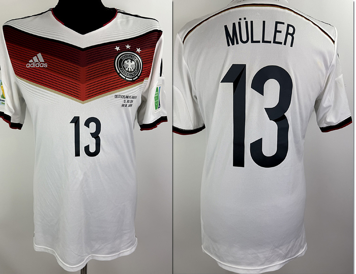  - Original match-issued DFB player shirt, number 13 (Thomas Müller). Prepared for the 2014 World Cup final between Germany and Argentina on July 13, 2014, in Rio de Janeiro, Brazil—a match the German national team won thanks to a goal by Mario Götze. Status AAB. Short-sleeved shirt; size 8; DFB logo and Adidas manufacturer logo applied (rubberized); match details, player number, and player name applied (rubberized); 2014 World Cup patch and "Football For Hope" patch applied (flocked); UV-light tested; Adizero; 100% polyester; made in China. --The jersey comes from the collection of a former DFB official. Condition: A