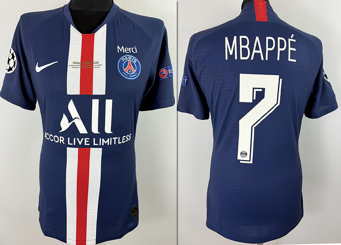  - Original match-issue Paris Saint-Germain player shirt, number 7, belonging to Kylian Mbappé. Prepared for the Champions League final on August 23, 2020, in Lisbon. Status: ABC --Short-sleeved jersey; size M; club crest and manufacturer's logo applied as rubberized prints; sponsor, player name, and number applied as rubberized prints; match detail applied as a rubberized print; Champions League patch applied as a flock transfer; 100% polyester; made in Thailand. Condition: A