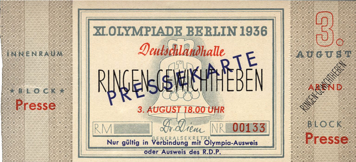  - Olympic games 1936 Very rare ticket Wrestling - Weightlifting at Deutschlandhalle, Berlin on 3rd August 1936, 11m. Presstocket, 13x6 cm. -- adhesive residue on the back. Condition: A-