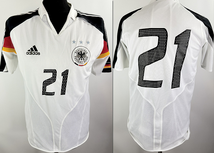  - Original match-worn DFB player shirt, number 21 (Philipp Lahm). Worn in an international match during the 2004/2005 season. The shirt comes from the collection of a former DFB staff member. Status:ABB. Short-sleeved shirt; size M; DFB logo, Adidas manufacturer logo, and player number are heat-applied; Adidas Climacool; 100% polyester; made in Laos. Condition: A-