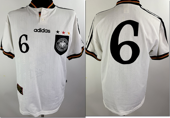 DFB  - Trikot 1997  | Original match worn DFB Spielertrikot mit der Nummer 6 von Matthias Sammer, aus dem Jahr 1997. Getragen im WM-Quali Spiel gegen die Ukraine am 07.06.1997 in Kiew. Trikot kommt aus der Sammlung  ehemaligen DFB-Mitarbeiters; Status AAB