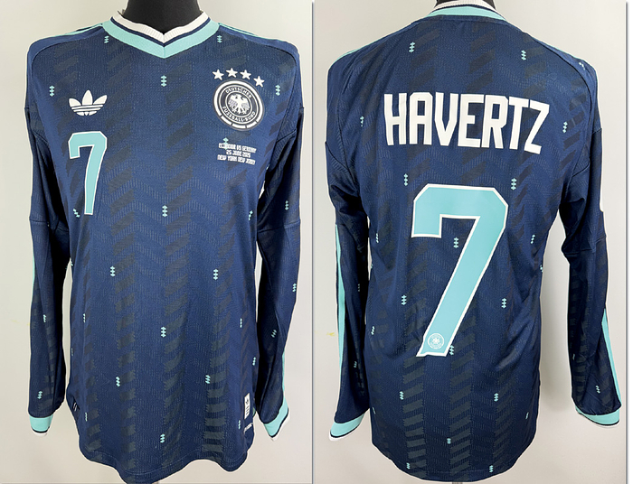  - Original match-issued DFB player shirt (number 7) belonging to Kai Havertz. Prepared for the final 2026 World Cup group match against Ecuador on June 25, 2026, in East Rutherford. The shirt comes from the collection of a former DFB staff member. Status:AAB. Long-sleeved shirt; size 8; heat-applied DFB logo, Adidas manufacturer logo, player number, and player name; heat-applied match details; heat-applied 2026 World Cup patch and FIFA patch; Adidas Climacool+; 100% polyester; made in Vietnam. Condition: A