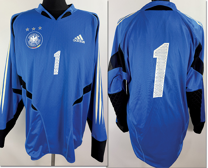  - Original match-issued DFB player shirt (Oliver Kahn, number 1). Prepared for an international match during the 2004/2005 season. The shirt comes from the collection of a former DFB staff member. Status:ABB. Long-sleeved shirt; size XL; rubberized DFB crest; rubberized Adidas logo; rubberized player number and name; 100% polyester; made in Portugal. Condition: 