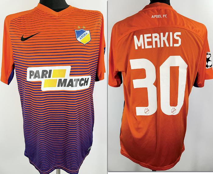 2Nikosia,Apoel - Trikot 2017  | Original match worn Apoel Nikosia Spielertrikot mit der Nummer 30 von Georgis Merkis.Getragen im Championsleague-Spiel gegen Borussia Dortmund am 1.11.2017.Trikot stammt aus der Sammlung einen ehemlaigen Mitarbeiters von Borussia Dortmund. Status AAB