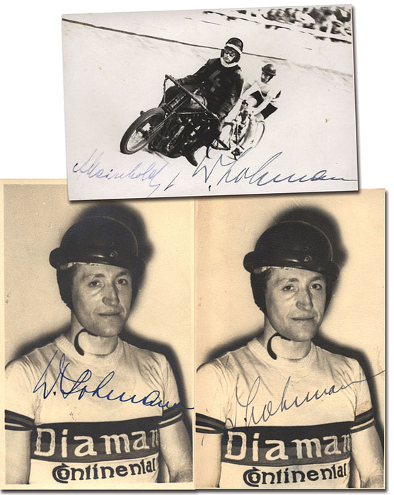 (1911–1993) 3 original signatures by Walter Lohmann in ink on two autograph cards and an old black-and-white photo (here also featuring the original signature of his driver Emil Meinhold, 1878–1955) of the 1937 and 1938 World Cycling Champion and 10-time German Champion (1938–53). 13.5 x 9.5 cm. All signatures from 1945. Photo with adhesive residue. ARCHIVE. Condition: A-