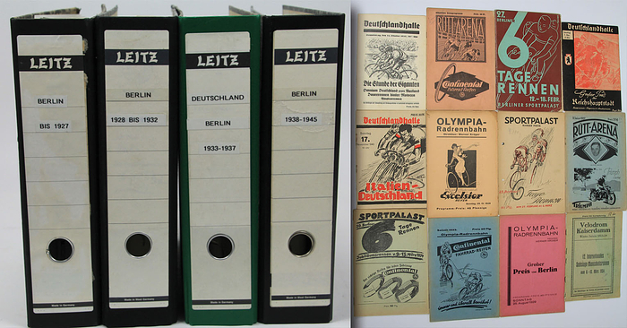 Collection of 197 different Berlin cycling programs, primarily for track events, dating from 1923 to 1945. --Varying conditions; some items punched. ARCHIVE. Condition: B-C