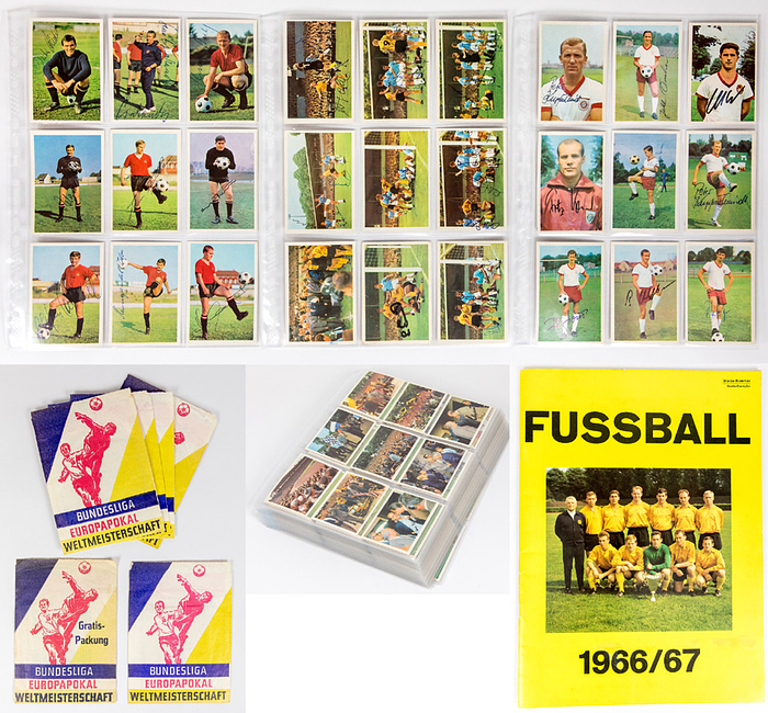Sammelbilder-Bergmann 66  | Fußball Bildersammelband 1966/67. Leeralbum (unbeklebt, Zustand B) ca. 400 original Signaturen der Spieler auf 368 Karten (nur Karte Nr. 36 Elmar May ist unsigniert). Dabei: 6 ungeöffnete Kauftüten mit Bildern.