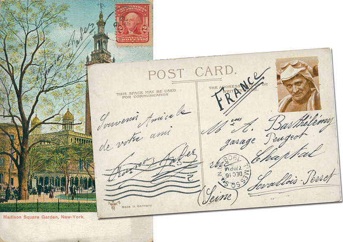 Faber, Francois  | (1887-1915) Postkarte "New York" mit zwei original Signaturen von Francois Faber (LUX) in Tinte auf der Vorder- und Rückseite. Postkarte gelaufen, 16.12.1908. Tour de France Sieger 1909 und Tour Zweiter 1908 und 1910 aus Luxemburg. Er war der erste Nicht-Franzose der die Tour gewann. Rückseite mit handschriftlicher Widmung und handgeschriebener Anschrift von Faber. Mit aufmontiertem S/W-Magazinfoto oben rechts, 14x9 cm.
