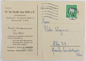 St.Pauli - Trikot 1961  | Original match worn Spielertrikot vom FC Sankt Pauli Hamburg I.Amateure aus dem Jahre 1961. Getragen von Peter Wagner in einem Ligaspiel. Dabei original Hose des FC St. Pauli. Status:ABA. Dabei: Postkarte "Spielaufforderung" des FC St. Pauli für den Spieler Peter Wagner. Gelaufen 16.2.1961. Museumsstück!!. - Bild 7