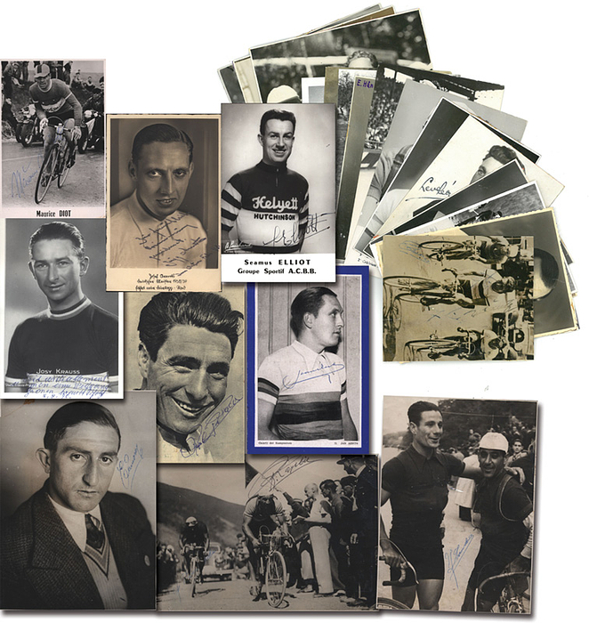 Tour de France Fahrer vor 1960 A-M  | 26 Autogrammbelege mit original Signaturen von bekannten Fahrern der Tour de France von 1903-1960 auf 12x Postkarten (PK),1x Autogrammkarte (AK) 11x S/W-Pressefoto (PF), 2x Magazinfoto (MF): Raymont Louviot (1908-1969; 3x TdF); Leon Level (1920-1949; 3x TdF 7., 10 + 24. Platz); Raoul Lesueur (1912-1981; TdF 1936 + 1938; Welmeister 1947 + 1950 - PK); Apo Lazarides (1925-1998; 2x TdF 1946 5.; 1947 10. - PK); Roger Laperbie ((1911-1996; 1.Platz TdF 1937 - PF); Guy Lapebie (1916-2010; 2 Goldmedaillen OSS1936 + 3.Platz TdF 1948 - PK); Paul Langhoff GER 1914 -unbekannt; TdF 1938 - PF); Josy Krauss (Lux; 1908-2001; TdF 1935 + 1936 - PK); Marcel Kint (BEL, 1914-2002; 1938 WM Starße 1.Platz; TdF 1936 drei Etappen - MF); Albert Hendrickx (BEL, 1916-1990; 3x TdF - PF); Herbert Hauswald (GER, 1912- verstorb. 2x TdF 1937 + 1938 - PF); Erich Händel (GER; 1909-1943; 2x TdF, 1935 - 34. + 1936 -PK); Victor Cosson (FRA; 1915- 2009;  3.Platz TdF 1933 - PF); Pierre Gallien (1911-2009; 3x TdF - Etappensieg 1939 - PF); Gustav Ganay (FRA; 1892-1926; 1920 TdF; 1924 Geschwindikeitsrekord; 3.Bahn WM 1922 - F); Raffaele di Paco (ITA; 1908-1996; 1931-1935 TdF - 6x Gelbes Trikot; Giro 1930 - 1938 15 Siege - MF); Julian Berrendero (ESP; 1912-1995; 1936 11.Platz, 1937 1x Etappensieg; Vuelta 1942, 1945, 1946 jew. 2. Platz - PF); Maurice Diot (FRA; 1922-1972; 3x TdF - AK); Germain Derycke (1929-1978; BEL; TDF 1951 1x Etappen; Sieger Mailano-Sanremo, Flandern Rundfart, Paris-Roubaix, Lüttich-bastogne-Lüttich - PK); Jan Aerts (BEL; 1907-1992; 1933 TdF Gelbes Trikot; 1935 Profi WM - PK); Seamus Elliot (IRE; 1934-1971; TdF 1959 Gelbes Trikot - PK); Pierre Everaert (BEL; 1933-1989; 8x TdF - PK); Eloi Meulenberg (1912-1989; 9 Etappensiege TdF; WM 1937 - PF); Francesco Camusso (1908-1995; 3.Platz TdF 1932 + 4.Platz 1973; Sieger Giro 1931 - PF); Max Bulla (AUT; 3 Etaapensiege TdF, erster österreicher im gelben Trikot 1931; Sieger Tour de Suisse 1933 - PK); Bartolomeo Aimo (ITA; 1889-1974; TdF 1924 4.; 1925 5.; 1926 3.; Giro 1921 3., 1922 2.; 1923 3.; 1928 3.); Josef Arents (GER; 1912-1984; 2x TdF - PK);