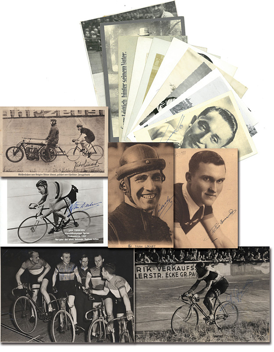 Belgien, Niederlande A-L  | 16 Autogrammbelege: 13 Postkarte, 3 Pressefoto (PF) mit original Signaturen von bekannten Radsportlern aus den Niederlande und Belgien: 2x Victor Linart (1889 - 1977, 4x Weltmeister - PK); Sylvan Grysolle (1915-1985, 43 Siege davon 23 Straßenrennen 1935-1948 - PF); 2x Louis Grogna (1879-1940; 1899 Meister; Sprintexperte auf europäishen Bahnen - PK); Yvan Goor (1884-1958; 1910 + 1911 Steher Meister; 1930 Europameister Motorrad - PK); Robert Van Eenaeme (1916-1959; belgische Rundfahrten); Evert Dolman (1946-1993; GoldOlympia 1964; 1996 Amateur Weltmeister - PK); jan Derksen (1919-2011; 3x Bahn Weltmieter 1939, 1946, 1957 - PK + PF); 3x Jan Janssen (TdF.Sieger 1959 - PK); Gust Danneels (1913-1976; 2x 3.Platz WM - PK), Alois de Graeve (1806-1970; 7x Meister; WM 922 3.Platz - PK); Alfred Billiet (BEL; 1907-1977;  - PF);